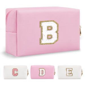 personalized initial a-z preppy patch makeup bag,small pu chenille letter cosmetic bag with zipper for teen girls,pink cute toiletry organizer bag,monogram makeup case gift for women girls,letter b