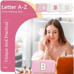 Personalized Initial A-Z Preppy Patch Makeup Bag,Small PU Chenille Letter Cosmetic Bag with Zipper for Teen Girls,Pink Cute Toiletry Organizer Bag,Monogram Makeup Case Gift for Women Girls,Letter B