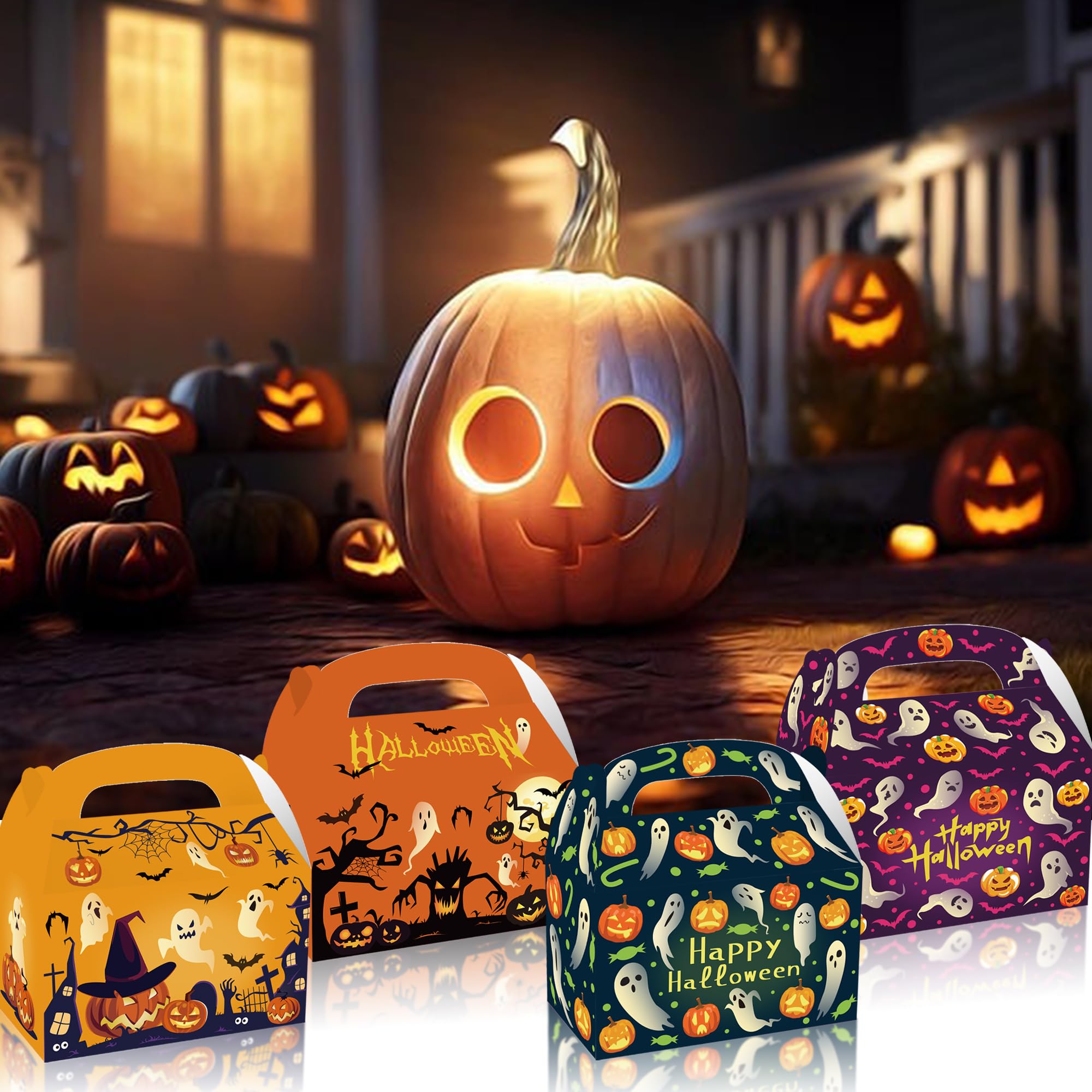 12 Pcs Halloween Party Goodies Boxes Dessert Treat favors Gable Decorations, Pumpkin Candy Bags with Handle, Happy Meal Paper Box for Keeping Candy Popcorn, Toys Birthday Kraft yellow small (12)