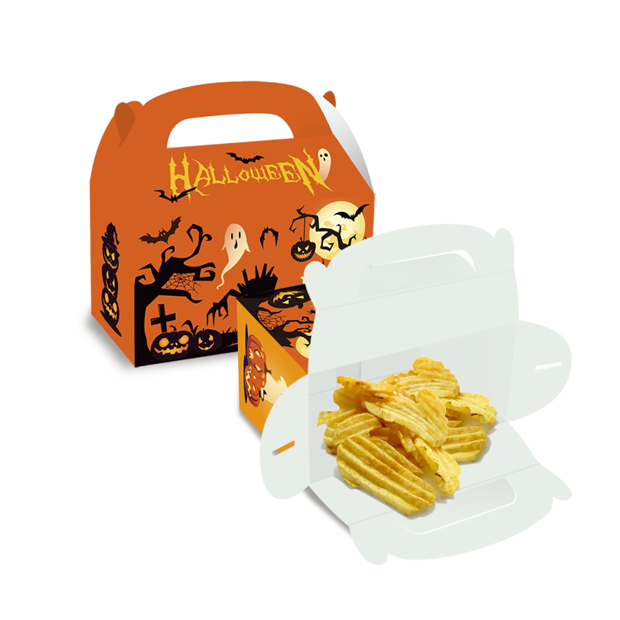 12 Pcs Halloween Party Goodies Boxes Dessert Treat favors Gable Decorations, Pumpkin Candy Bags with Handle, Happy Meal Paper Box for Keeping Candy Popcorn, Toys Birthday Kraft yellow small (12)