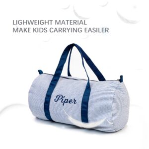 Personalized Kids Travel Overnight Bag Seersucker Carry On Lightweight Weekender Duffel Bag for Boys Daycare Bag for Toddler Boys Girls Weekend Beach Sports Gym Sleepover Bag (Blue)