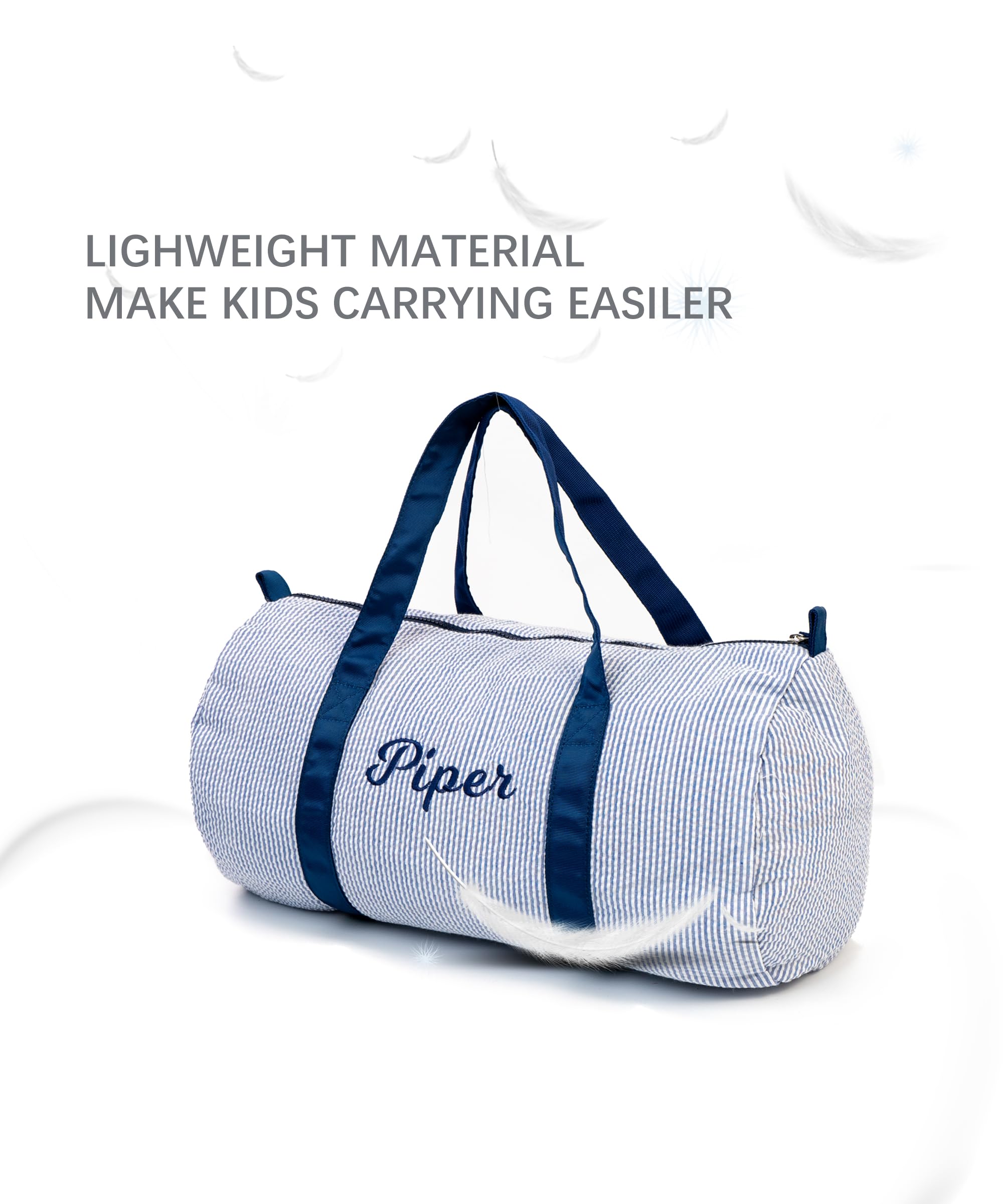 Personalized Kids Travel Overnight Bag Seersucker Carry On Lightweight Weekender Duffel Bag for Boys Daycare Bag for Toddler Boys Girls Weekend Beach Sports Gym Sleepover Bag (Blue)