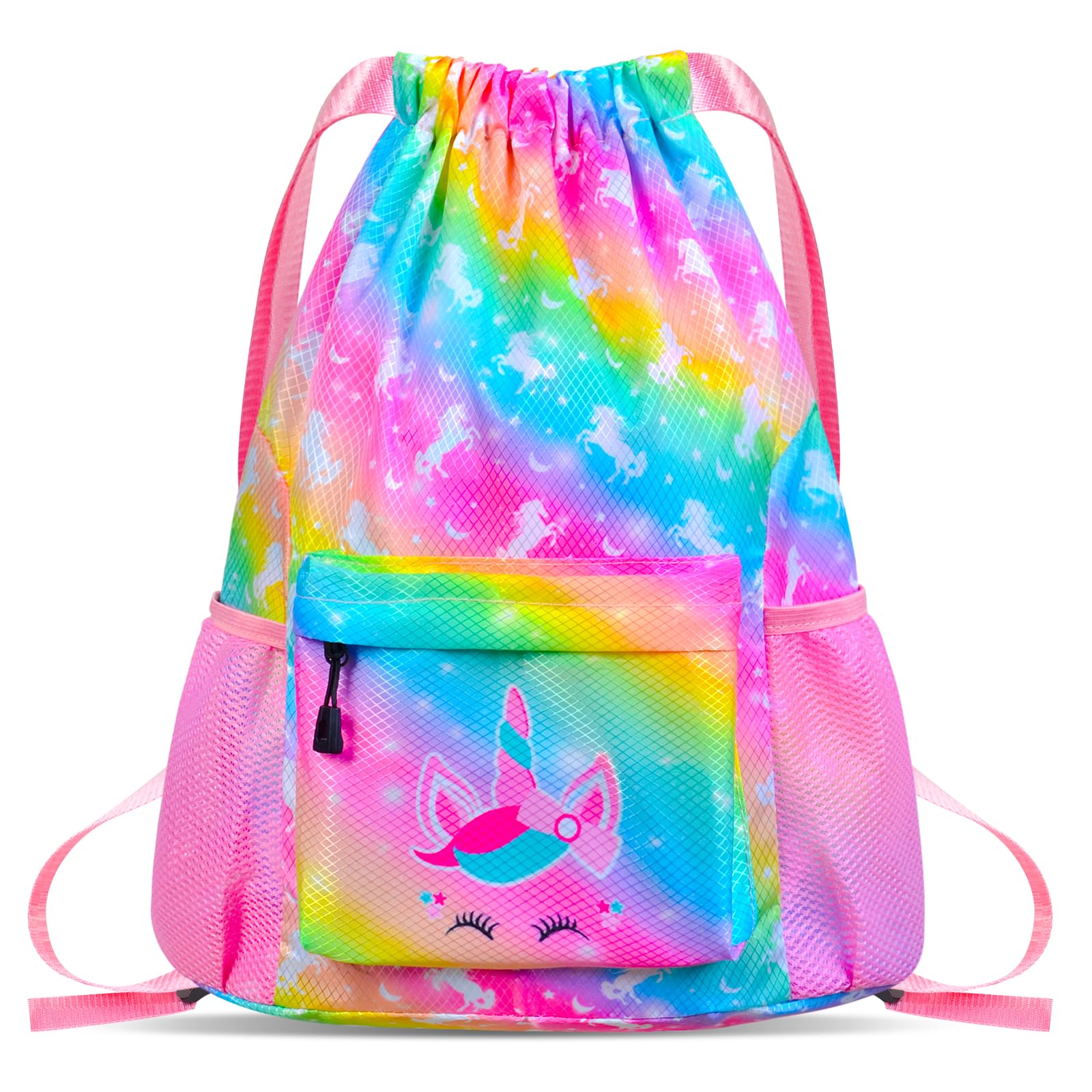 AuSleti Waterproof Drawstring Bag, Girls Beach Bag for Swimming, Gym Bag Sackpack Sports Backpack for Kids Girls, Rainbow Unicorns Gifts for Girl Drawstring Backpack