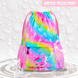 AuSleti Waterproof Drawstring Bag, Girls Beach Bag for Swimming, Gym Bag Sackpack Sports Backpack for Kids Girls, Rainbow Unicorns Gifts for Girl Drawstring Backpack