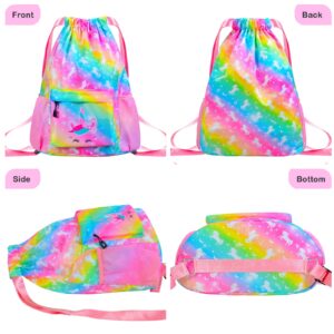 AuSleti Waterproof Drawstring Bag, Girls Beach Bag for Swimming, Gym Bag Sackpack Sports Backpack for Kids Girls, Rainbow Unicorns Gifts for Girl Drawstring Backpack