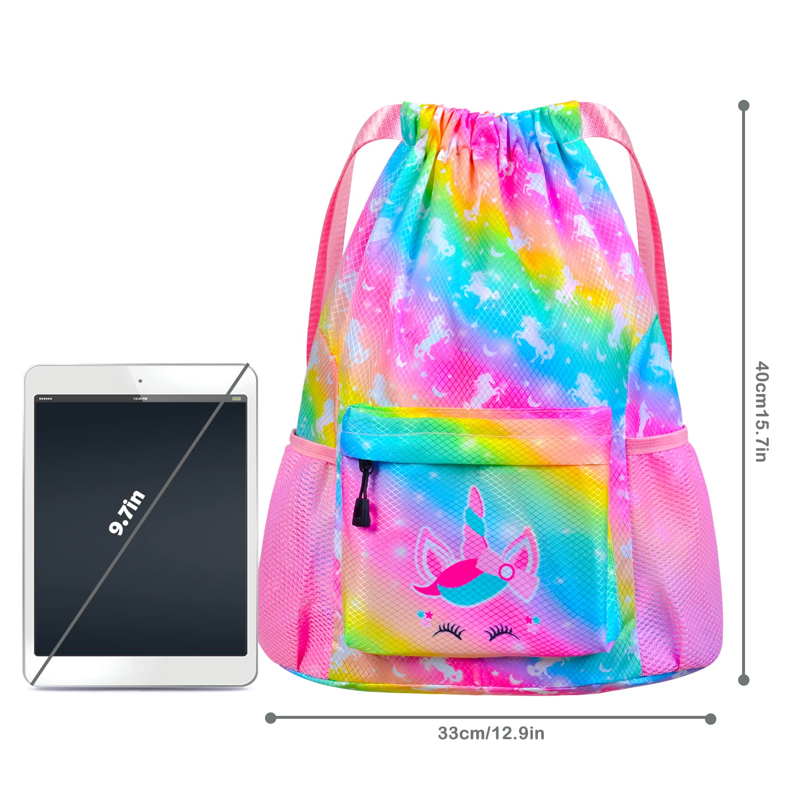 AuSleti Waterproof Drawstring Bag, Girls Beach Bag for Swimming, Gym Bag Sackpack Sports Backpack for Kids Girls, Rainbow Unicorns Gifts for Girl Drawstring Backpack