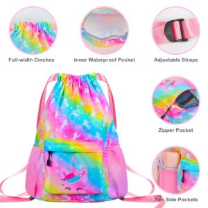 AuSleti Waterproof Drawstring Bag, Girls Beach Bag for Swimming, Gym Bag Sackpack Sports Backpack for Kids Girls, Rainbow Unicorns Gifts for Girl Drawstring Backpack