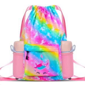 AuSleti Waterproof Drawstring Bag, Girls Beach Bag for Swimming, Gym Bag Sackpack Sports Backpack for Kids Girls, Rainbow Unicorns Gifts for Girl Drawstring Backpack