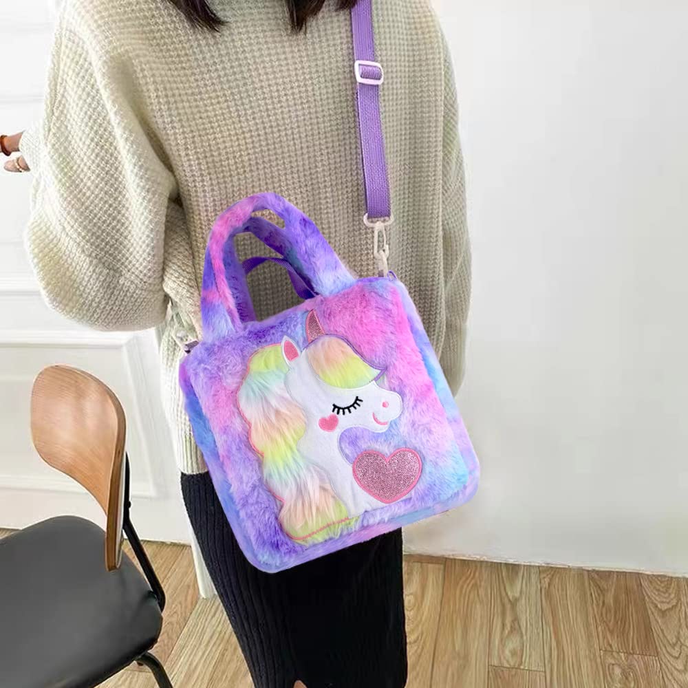 Abhay Unicorn Kids Tote Bag Fashion,Plush Kids Bag for Girls,Kids Crossbody Bag Toddler Bag for Girls Unicorn Party Supplies (Purple)