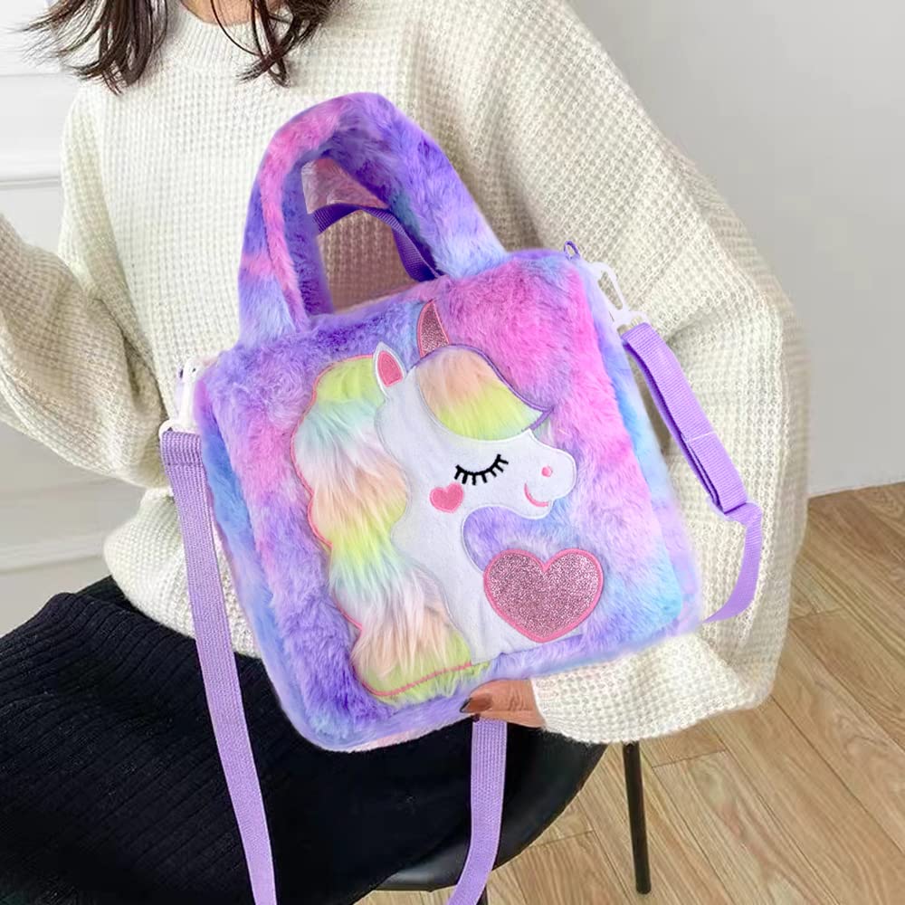 Abhay Unicorn Kids Tote Bag Fashion,Plush Kids Bag for Girls,Kids Crossbody Bag Toddler Bag for Girls Unicorn Party Supplies (Purple)