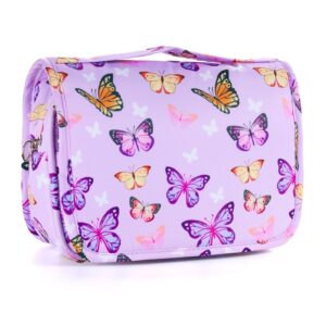 Vipdeal Kids Hanging Toiletry Bag for Girls, Travel Toiletry Bag for Little Young Girls Cosmetic Makeup Waterproof Wash Bag Toddler Traveling Toiletries, Butterfly Purple