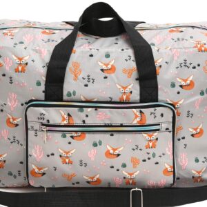 Foldable Large Travel Duffle Bag Waterproof Cute Overnight Carryon Weekender Bag for Women Girl (Grey Fox)