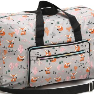 Foldable Large Travel Duffle Bag Waterproof Cute Overnight Carryon Weekender Bag for Women Girl (Grey Fox)