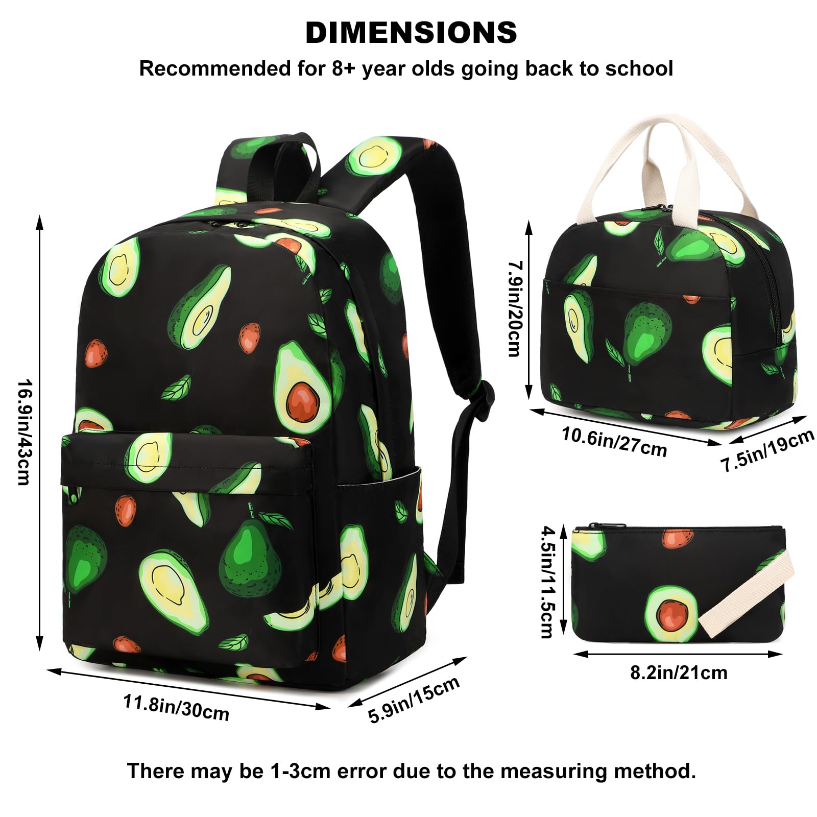 Dezcrab Avocado Kids Backpack for Girls, Teens School Bags Bookbags Set with Lunch Bag Pencil Case