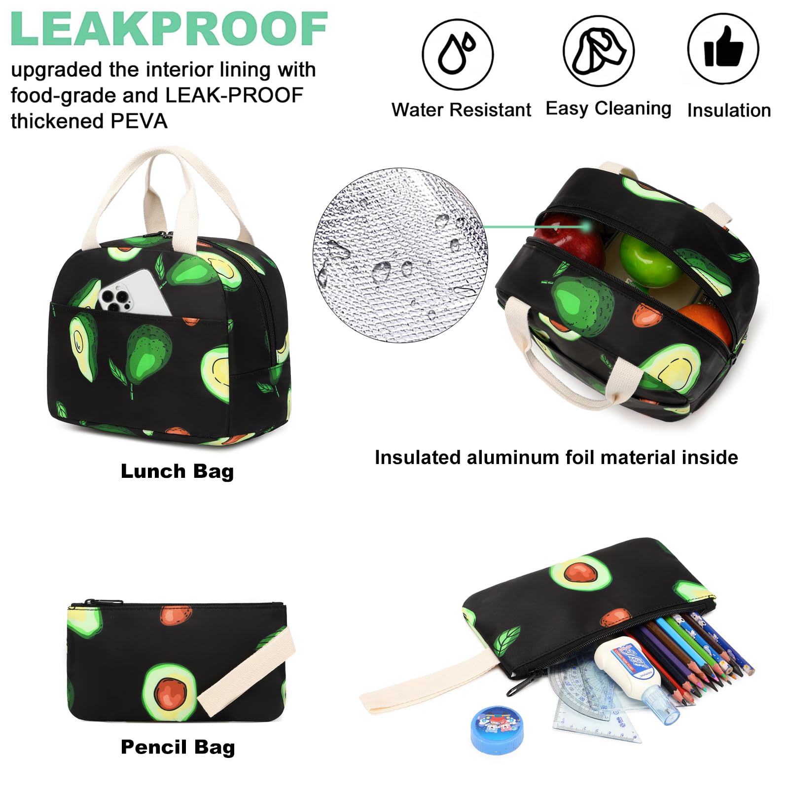 Dezcrab Avocado Kids Backpack for Girls, Teens School Bags Bookbags Set with Lunch Bag Pencil Case