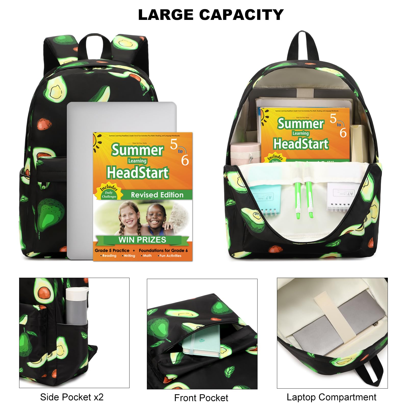 Dezcrab Avocado Kids Backpack for Girls, Teens School Bags Bookbags Set with Lunch Bag Pencil Case