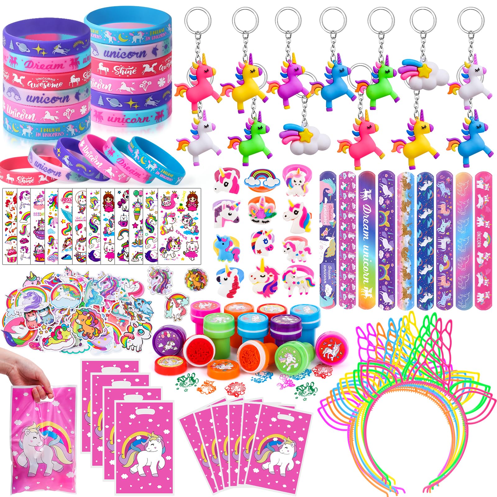 Winrayk 146Pcs Unicorn Party Favors Birthday Supplies Girls Bags Headband Bracelet Stamper Keychain Slap Bracelet Tattoo Sticker Ring, Goodie Bag Stuffers Unicorn Pinata Filler Unicorn Party Supplies