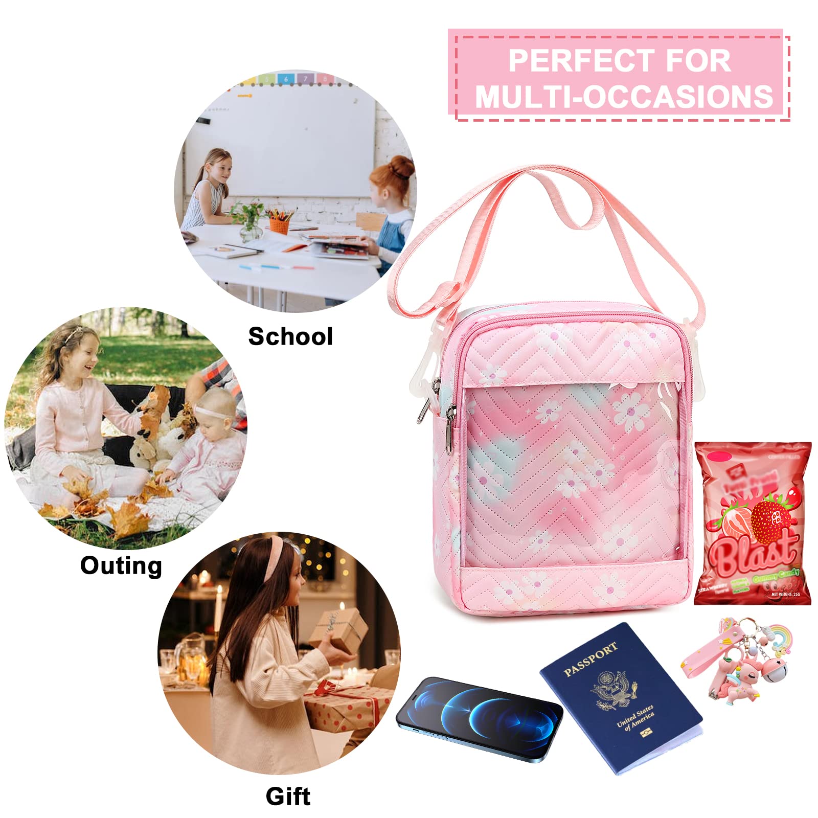 CAMTOP Crossbody Purse Small Messenger Bag with Clear Pocket for Teen Girls Kids(Daisy Pink)