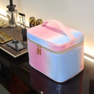 IMCUZUR Makeup Bag Organizer Travel Toiletry Bag for Women, Water-resistant Cosmetic Bag for Girls, Travel Make Up Bag for Accessories Cosmetics Toiletries (Blue-Pink Gradient)