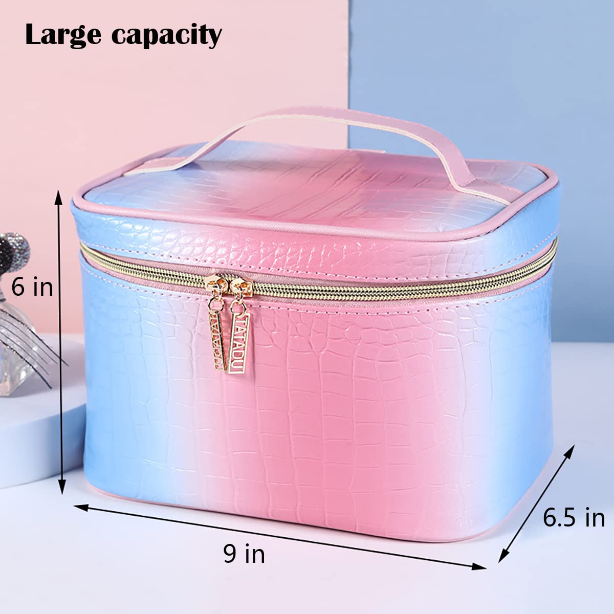 IMCUZUR Makeup Bag Organizer Travel Toiletry Bag for Women, Water-resistant Cosmetic Bag for Girls, Travel Make Up Bag for Accessories Cosmetics Toiletries (Blue-Pink Gradient)