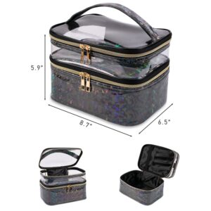 imerelez Double-layer Makeup Bag Cosmetic Bag Travel Makeup Cases Organizer Toiletry Bag Gift for Girls Women, Portable Waterproof (Black)