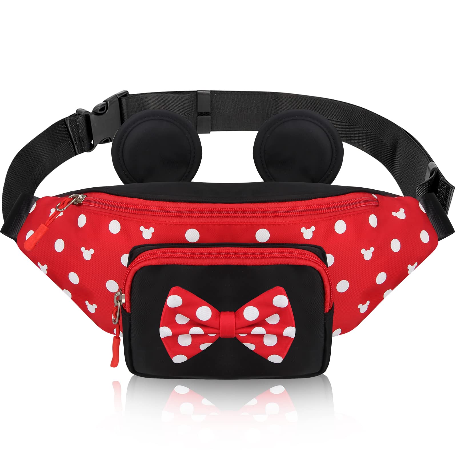 Cute Fanny Pack for Girls Kids Travel Waist Pack Bowknot Polka Dot Mini Mouse Fanny Packs Teen Girls Cartoon Belt Bag Hiking Bum Bags Outdoor Waist Bag with Mouse Ears