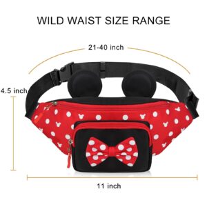 Cute Fanny Pack for Girls Kids Travel Waist Pack Bowknot Polka Dot Mini Mouse Fanny Packs Teen Girls Cartoon Belt Bag Hiking Bum Bags Outdoor Waist Bag with Mouse Ears