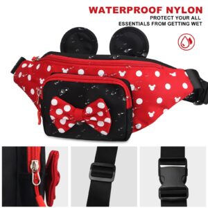 Cute Fanny Pack for Girls Kids Travel Waist Pack Bowknot Polka Dot Mini Mouse Fanny Packs Teen Girls Cartoon Belt Bag Hiking Bum Bags Outdoor Waist Bag with Mouse Ears