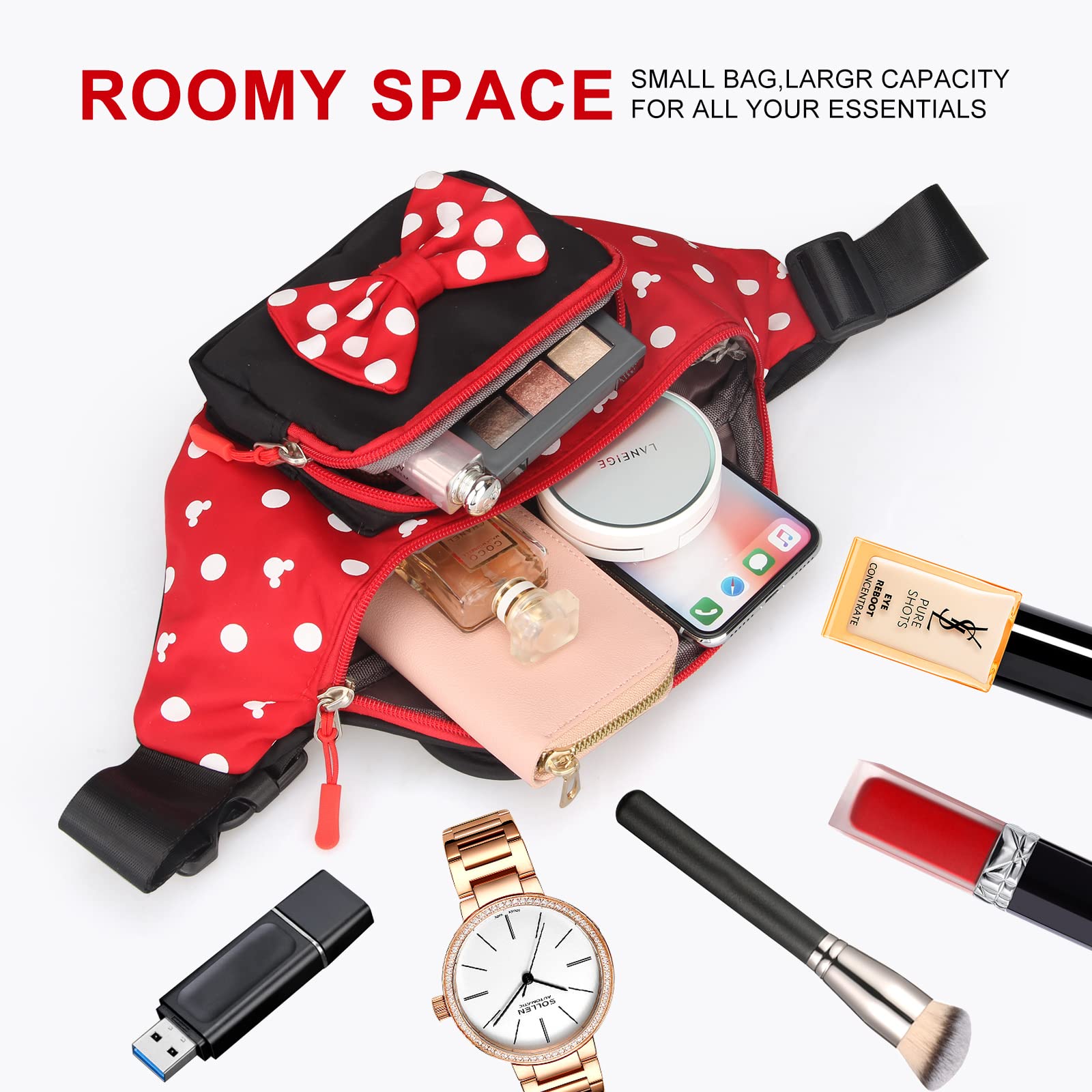 Cute Fanny Pack for Girls Kids Travel Waist Pack Bowknot Polka Dot Mini Mouse Fanny Packs Teen Girls Cartoon Belt Bag Hiking Bum Bags Outdoor Waist Bag with Mouse Ears