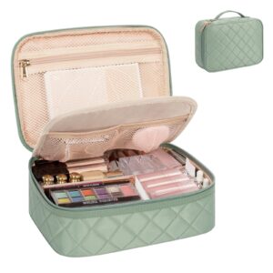 Makeup Bag, Potable Make up Bag Cute Makeup Organizer Bag for Toiletry Cosmetics Accessories with Divider and Brushes Compartments, Makeup Travel Case Cosmetic Bags Women and Girls- Nylon Green