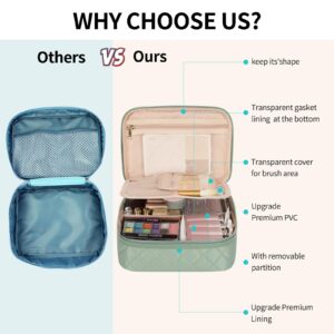 Makeup Bag, Potable Make up Bag Cute Makeup Organizer Bag for Toiletry Cosmetics Accessories with Divider and Brushes Compartments, Makeup Travel Case Cosmetic Bags Women and Girls- Nylon Green