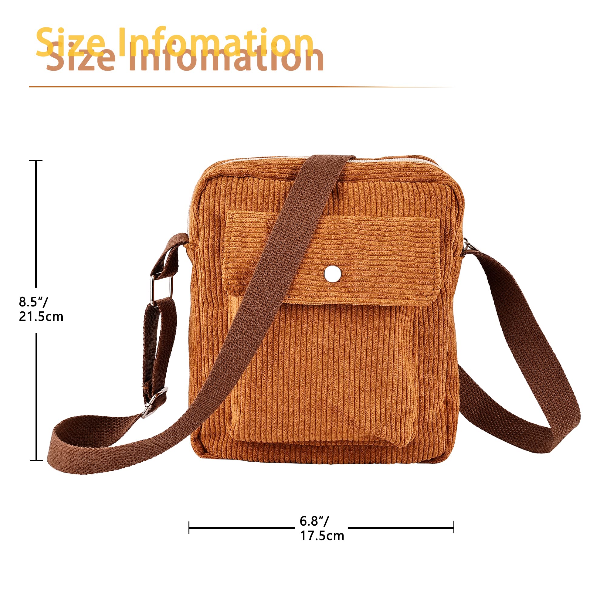 Corduroy Crossbody Bag Corduroy Tote Bag Casual Shoulder Handbags Purse Crossbody with Zipper Pocket for Women Girls（Brown）