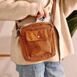 Corduroy Crossbody Bag Corduroy Tote Bag Casual Shoulder Handbags Purse Crossbody with Zipper Pocket for Women Girls（Brown）