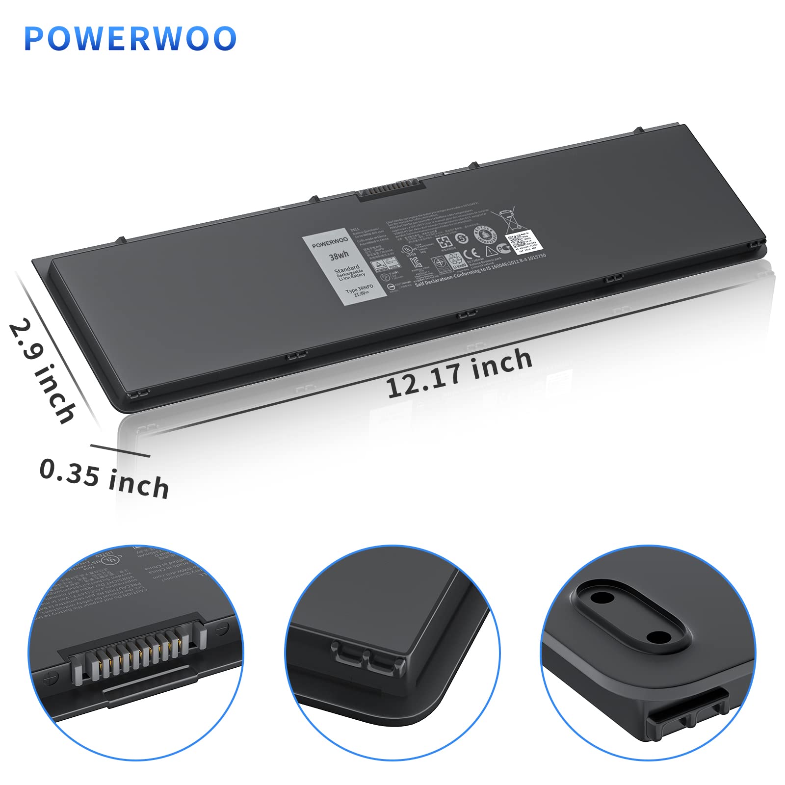 POWERWOO 3RNFD Replacement Battery for Dell Latitude 14 7000, E7450 E7440 Series PFXCR 34GKR F38HT G95J5 3RNFD G0G2M T19VW 909H5 0G95J5 5K1GW 451-BBOG PFXCR F38HT 451-BBFV 451-BBFT 451-BBFY 38Wh 7.4V