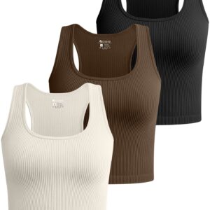 OQQ Women's 3 Piece Crop Tank Tops Ribbed Seamless Workout Sleeveless Shirts Racerback Crop Tops Black Coffee Beige