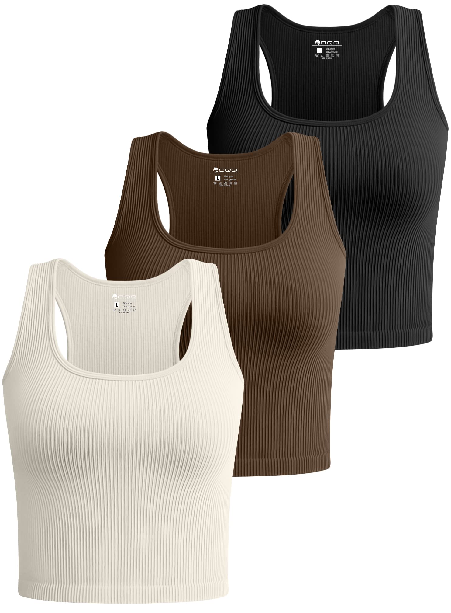 OQQ Women's 3 Piece Crop Tank Tops Ribbed Seamless Workout Sleeveless Shirts Racerback Crop Tops Black Coffee Beige