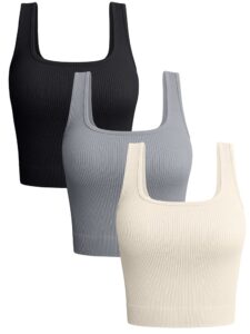 oqq women's 3 piece tank tops ribbed seamless workout exercise shirts yoga crop tops black grey beige