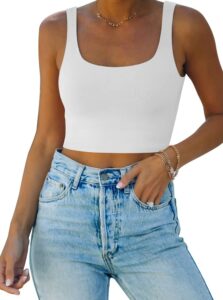 reoria women's summer sexy basic sleeveless square neck fitted seamless yoga cropped tank cute crop tops white medium