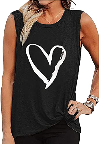 MAGICMK Women Summer Casual Sleeveless Tank Tops Crew Neck Graphic Basic Black Shirts (L, Black+White)