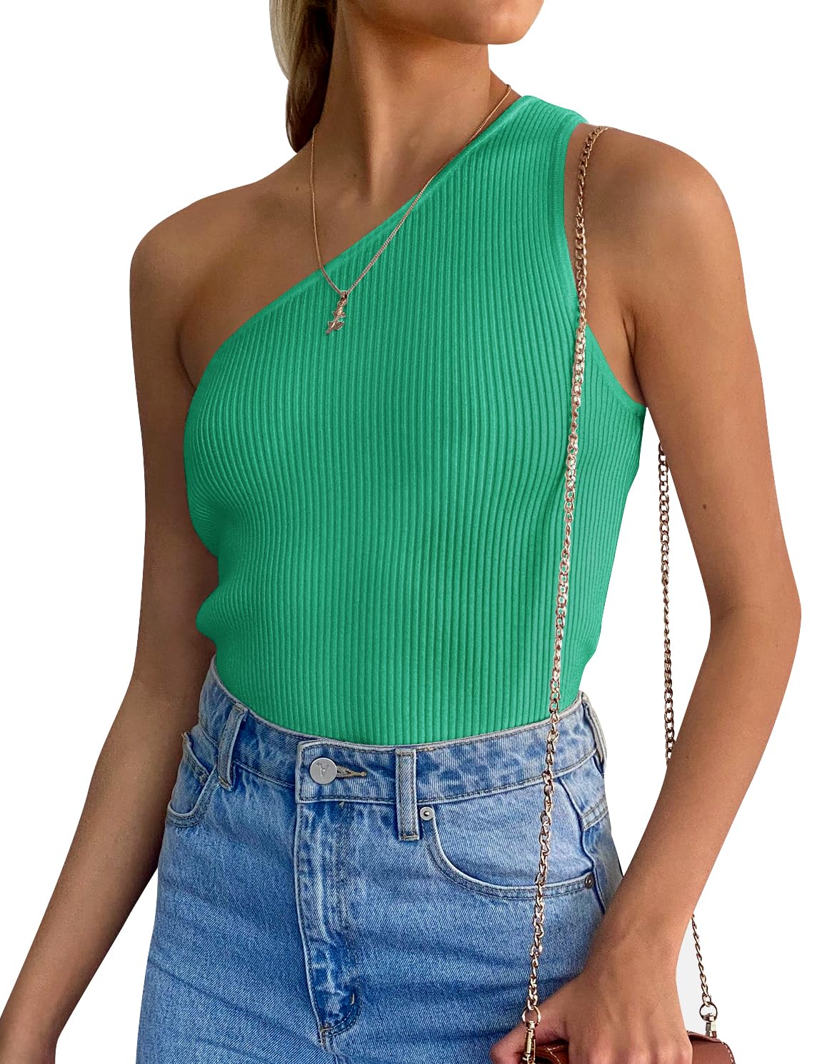 ZESICA Women's One Shoulder Tank Summer Sleeveless T Shirt Ribbed Knit Slim Fit Sexy Casual Basic Tee Tops,Green,Medium