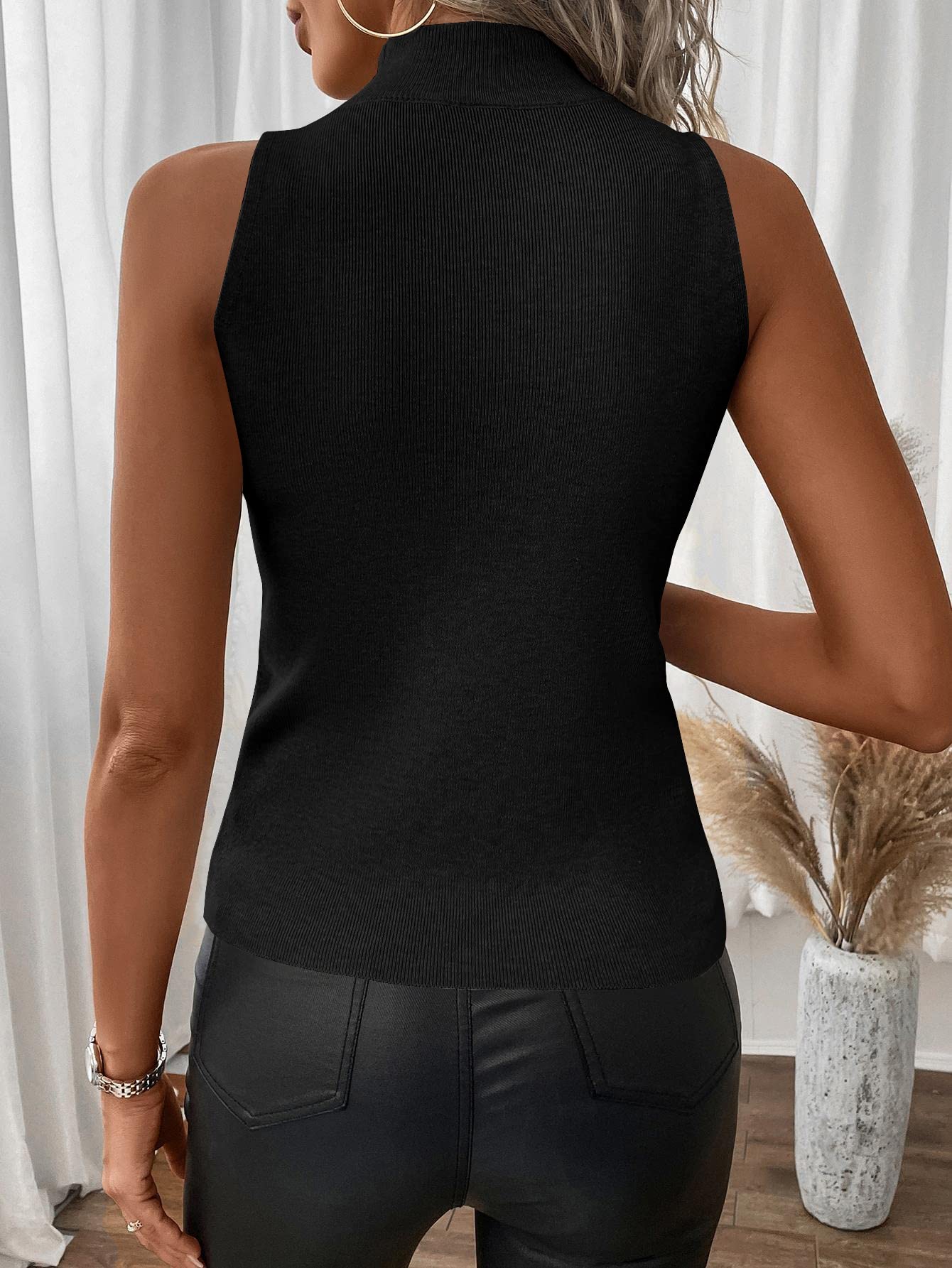 Verdusa Women's Casual Casual Solid Sleeveless Mock Neck Slim Fitted Knit Tank Top Black M