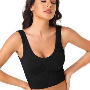 Womens Crop Tops Basic Sleeveless Both V-Neck and Round Neck 3 Pieces Black White Ribbed Seamless Casual Cami Tank Tops(P055 Bl/Gr/Kh M)