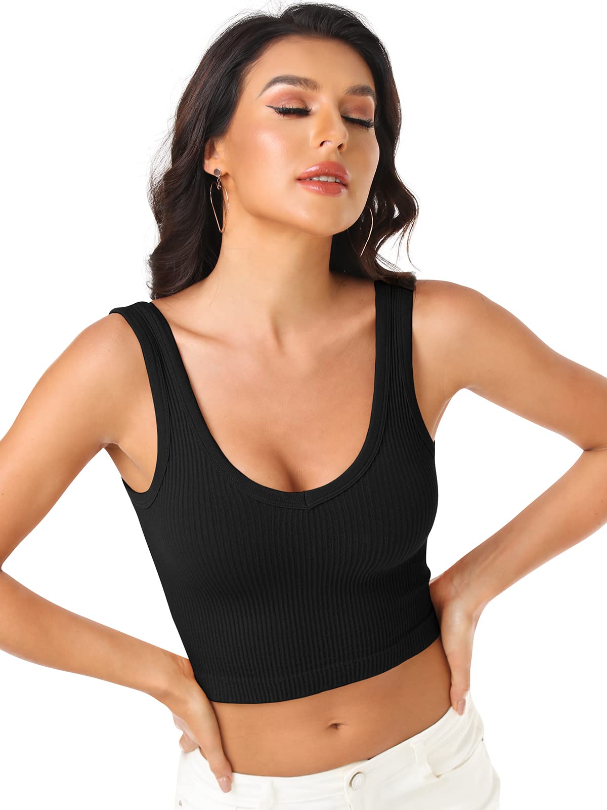 Womens Crop Tops Basic Sleeveless Both V-Neck and Round Neck 3 Pieces Black White Ribbed Seamless Casual Cami Tank Tops(P055 Bl/Gr/Kh M)