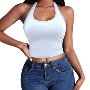 Ekouaer Women Halter Top Backless Scroop Neck Slim Stretchy Ribbed Knit Camisole Crop Tops(White,S)