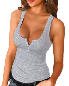 womens scoop neck henley tank tops low cut solid sexy summer sleeveless button down shirts grey