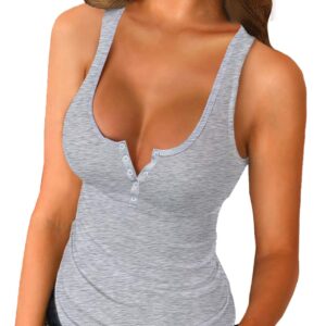 Womens Scoop Neck Henley Tank Tops Low Cut Solid Sexy Summer Sleeveless Button Down Shirts Grey