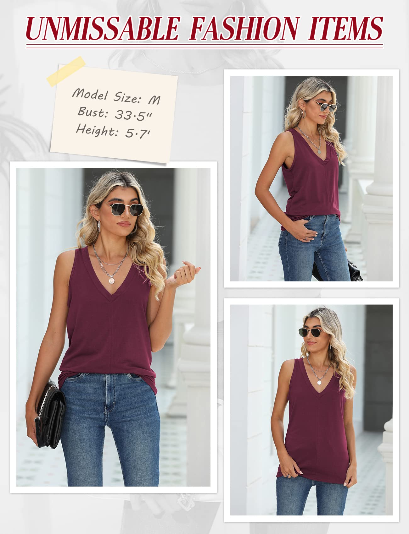 TICTICMIMI Women's Summer V Neck Tank Tops Casual Basic Sleeveless Tanks Cute Loose Tunic Shirts Mulberry