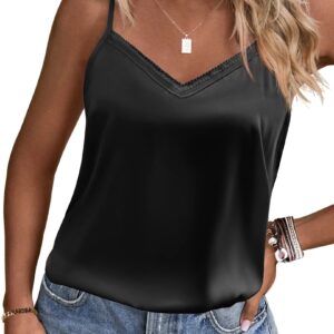 Ekouaer Women's Lace Silk Satin Pajama Tank Tops V Neck Camisole Soft Spaghetti Strap Tops Loose Sleepwear Black Large