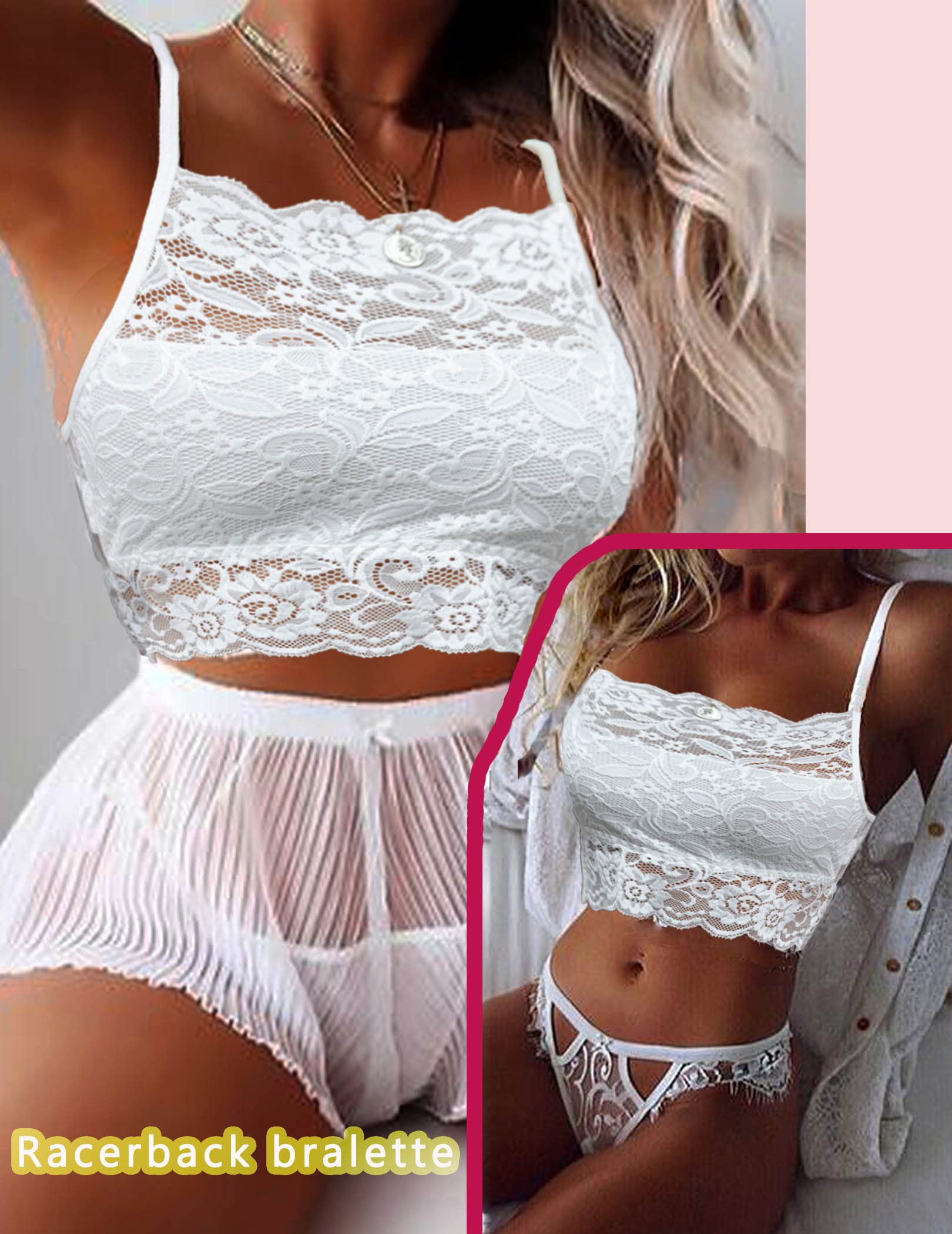 Avidlove Racerback Bralettes for Women Sexy Floral Lace Top Crop Double-Layered Camisoles White, XL