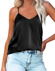 ekouaer women's silk satin tank top sexy v neck cami top spaghetti strap t shirt blouse black